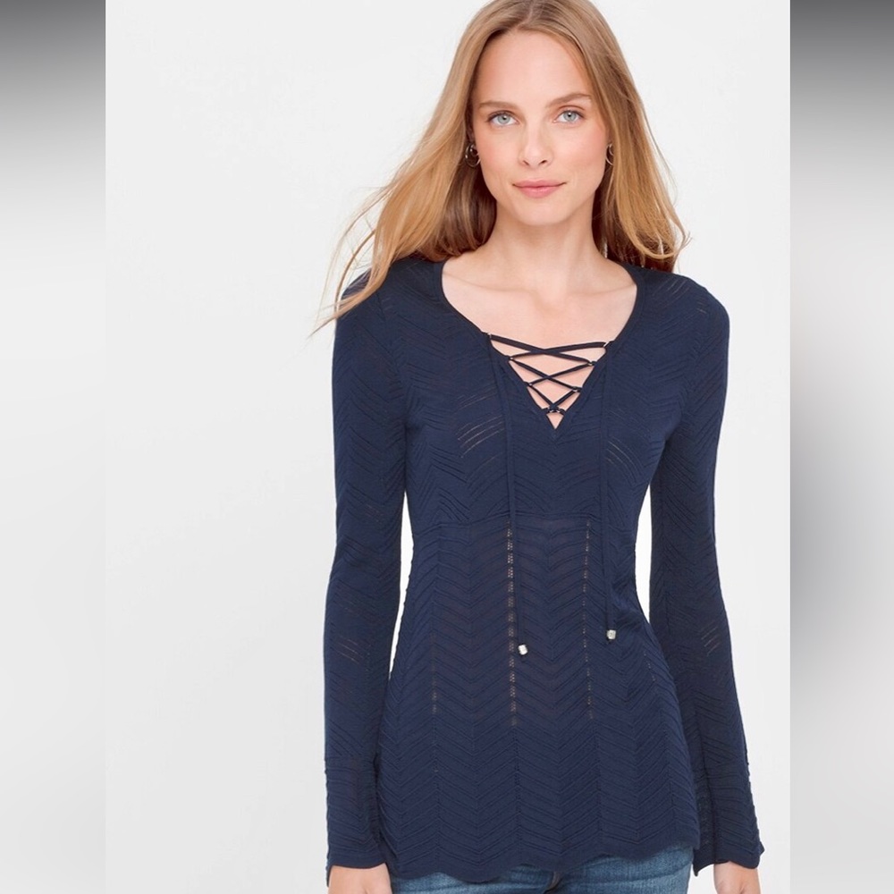 White House Black Market Lace Up Ribbed Tunic Sweater Scallop Hem Size Small